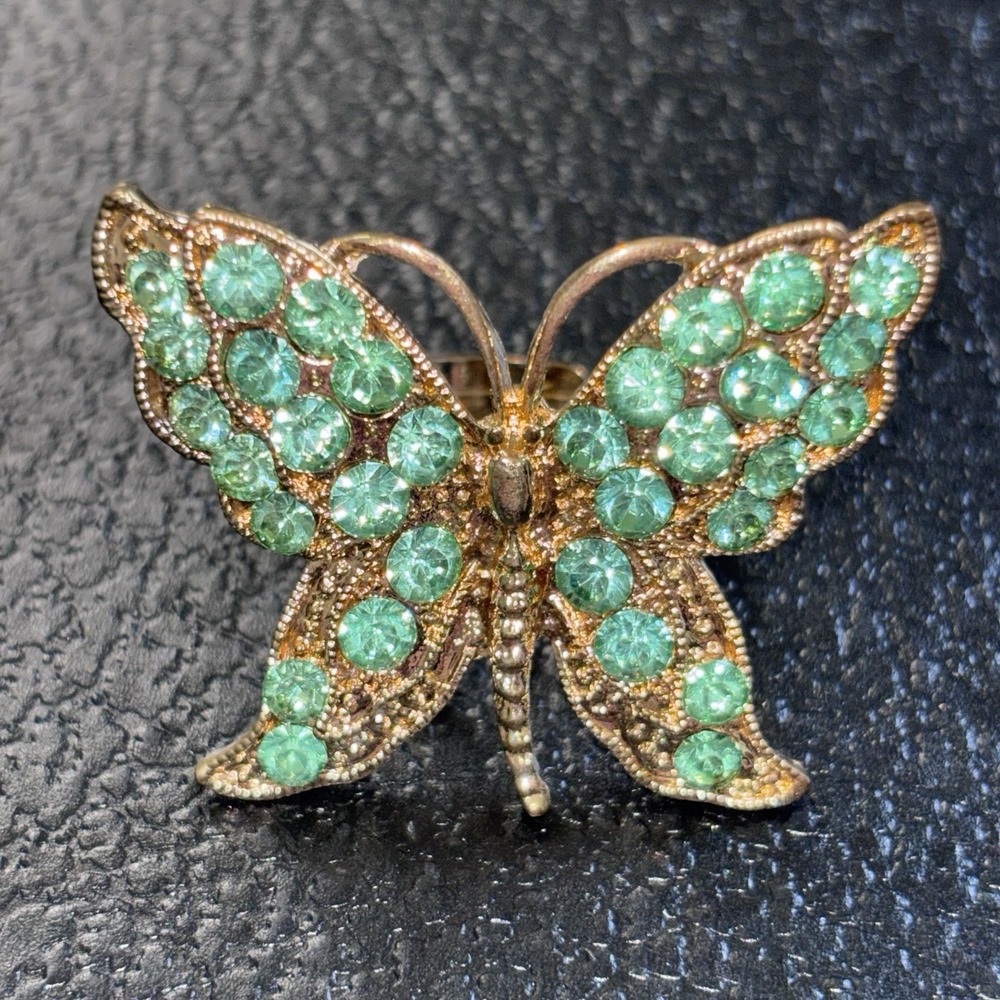 Butterfly Ring Gold Tone Green Glass Rhinestone‎ Adjustable Stretch Band